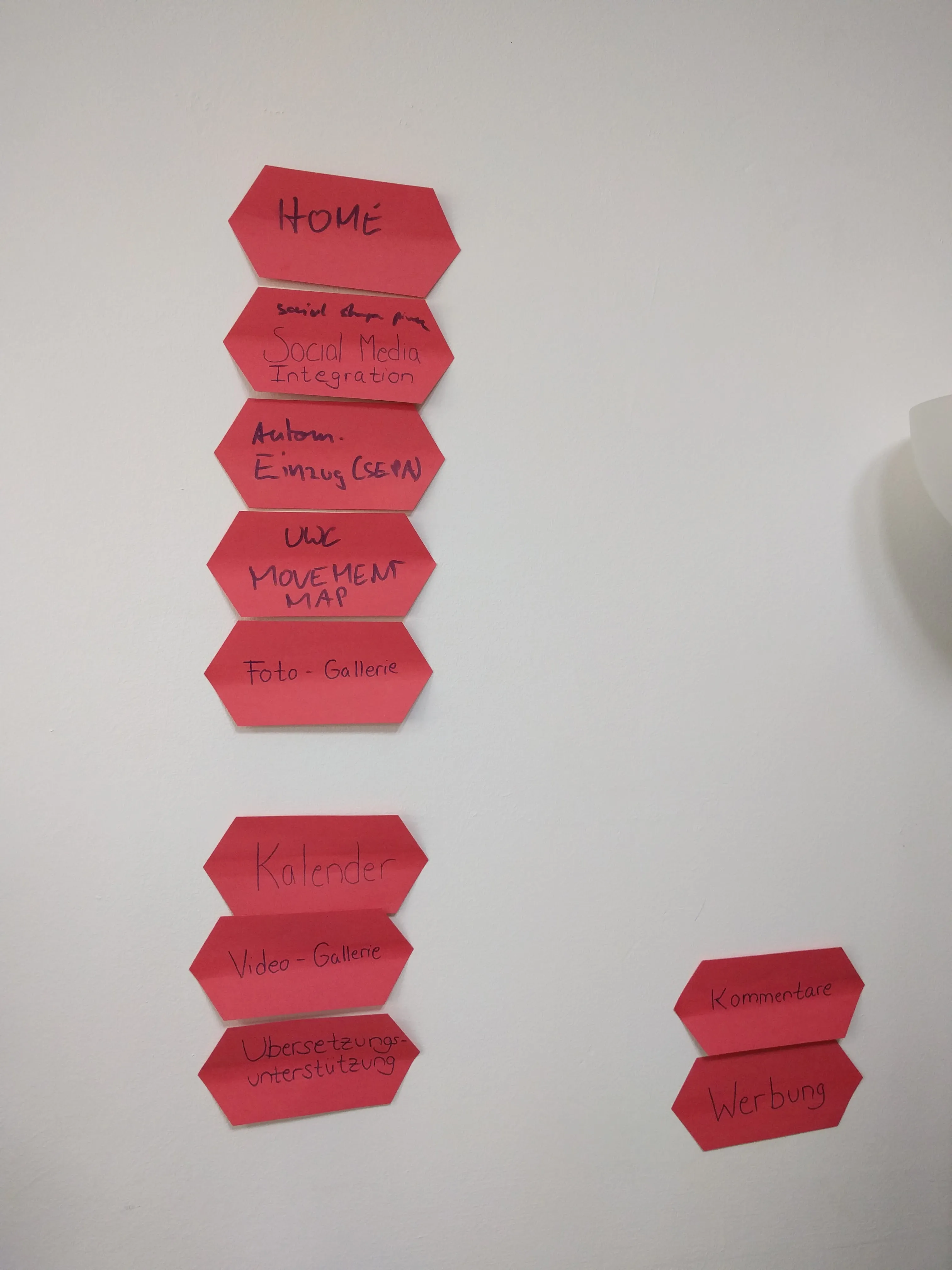 Post-it notes with features written on them hang on a wall