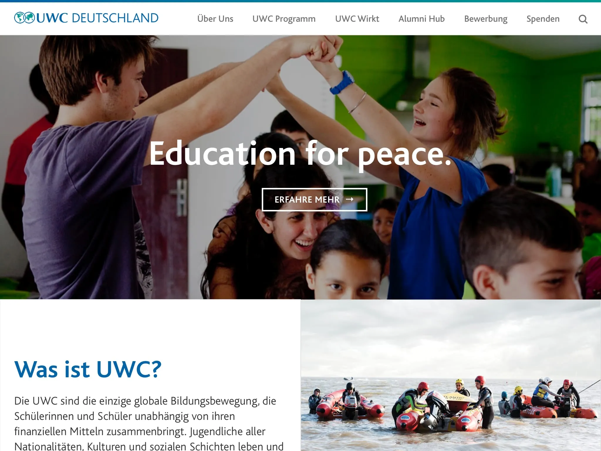 Initial mockup of uwc.de with a large, centered headline on a background image and content boxes below.